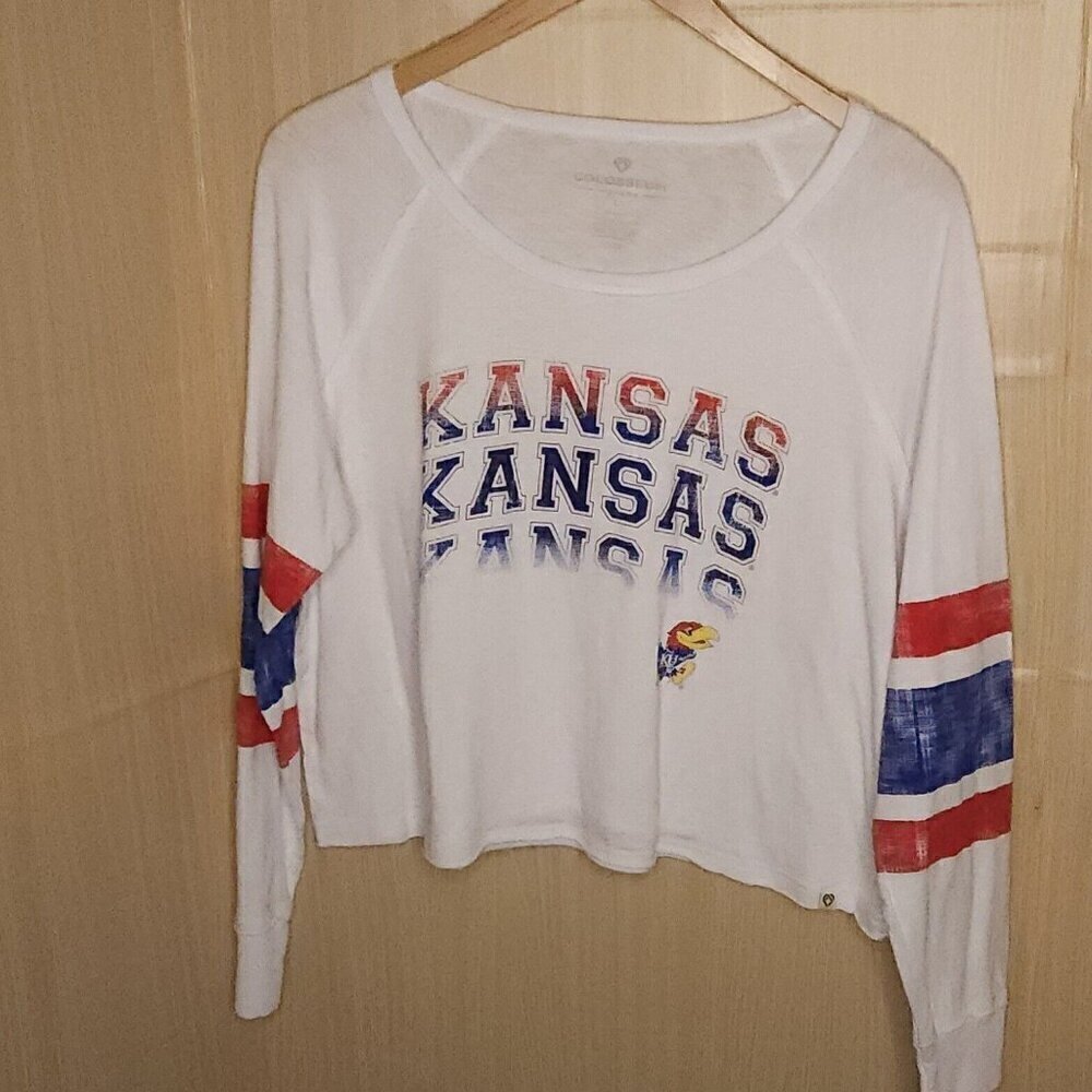University Of Kansas Colosseum New White Cropped Kansas Wide Neck Top